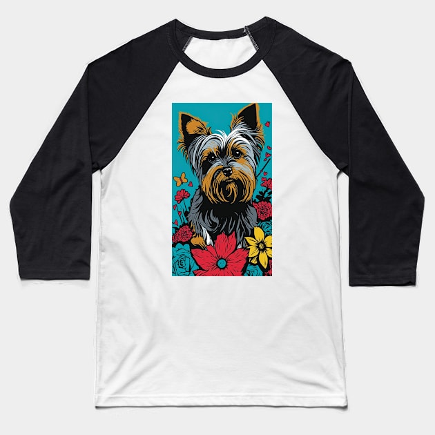 Yorkshire Terrier Dog Vibrant Tropical Flower Tall Retro Vintage Digital Pop Art Portrait 2 Baseball T-Shirt by ArtHouseFlunky